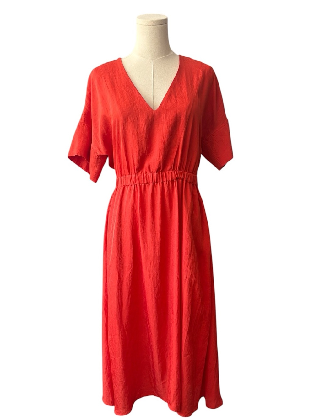 Everlane Red Midi Dress Size Large | V-Neck Elastic Waist